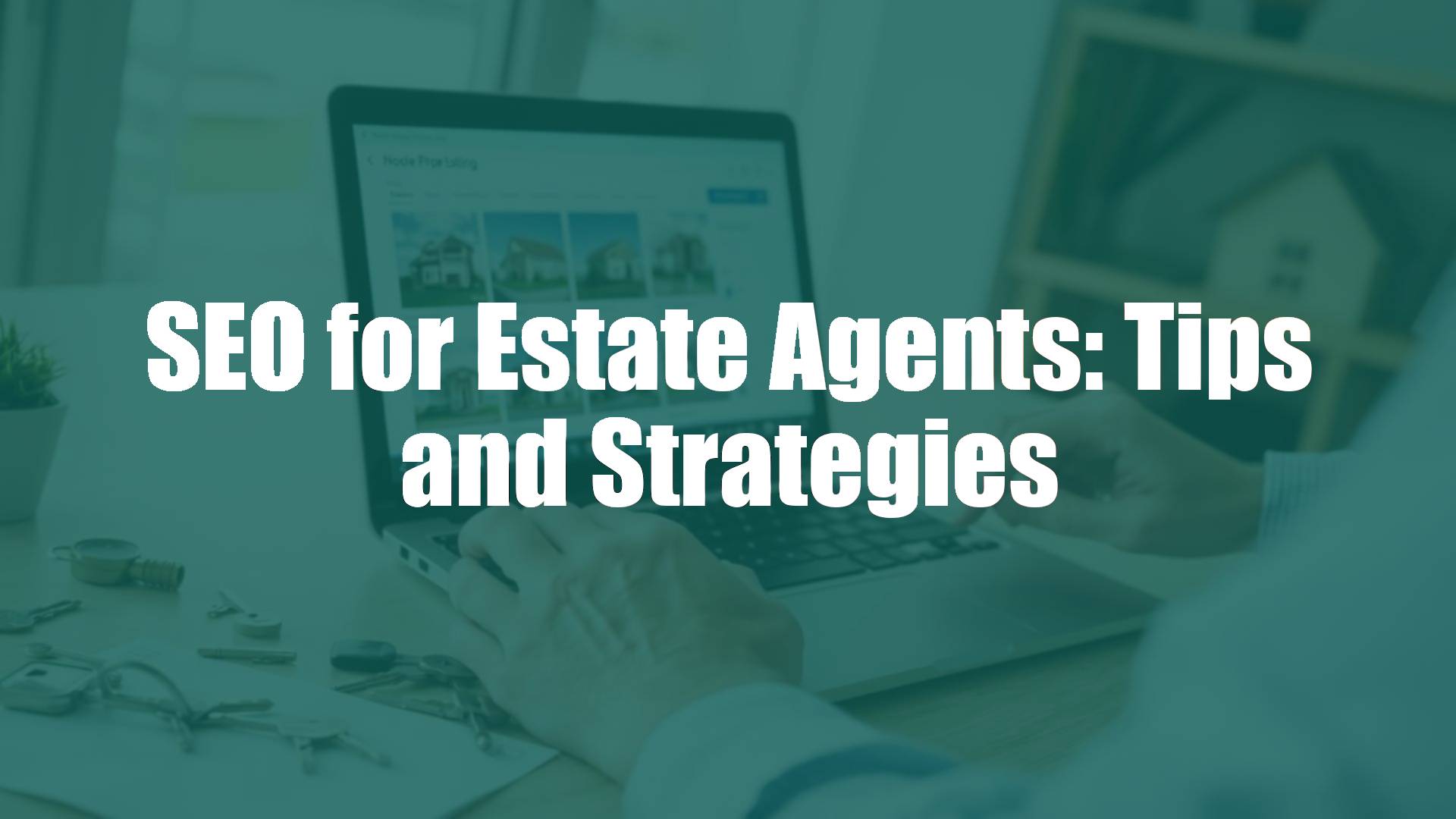 Estate agent using laptop to analyze property listings, surrounded by house keys and a 'For Sale' sign, professional atmosphere, realistic.