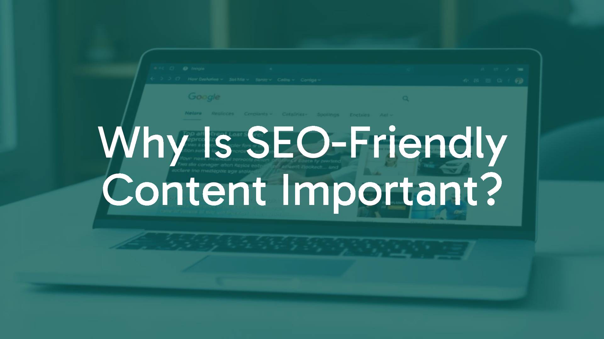 A modern laptop displaying a search engine results page with SEO-friendly content highlighted, digital marketing theme, vibrant and clean.