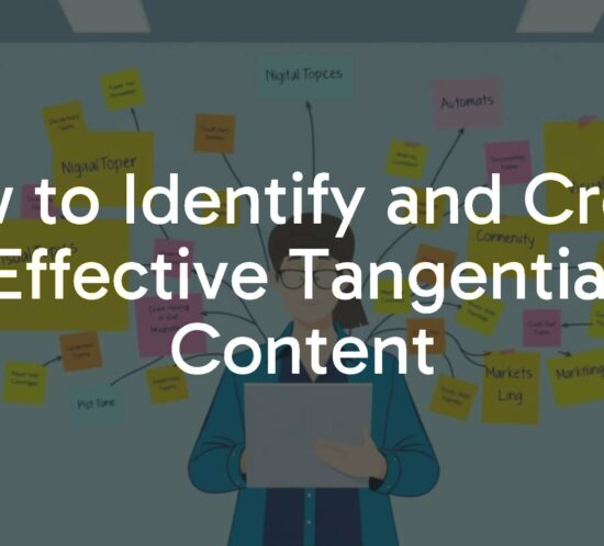 A digital marketer brainstorming tangential content ideas, surrounded by interconnected web of topics, colorful sticky notes, modern office, illustrative style.