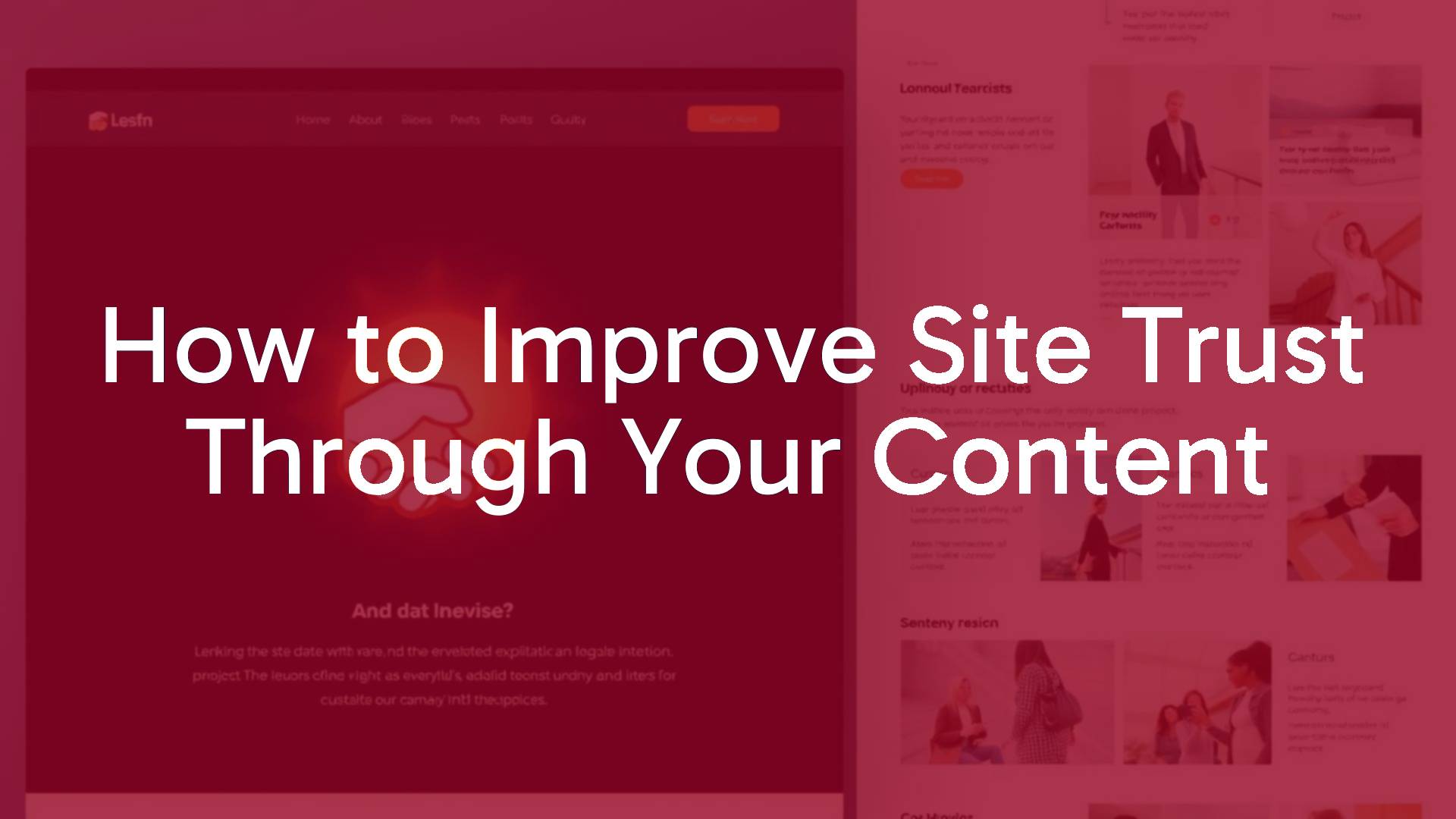 A modern website interface with a handshake icon, glowing trust badge, and professional content layout, clean and professional design, warm colors.