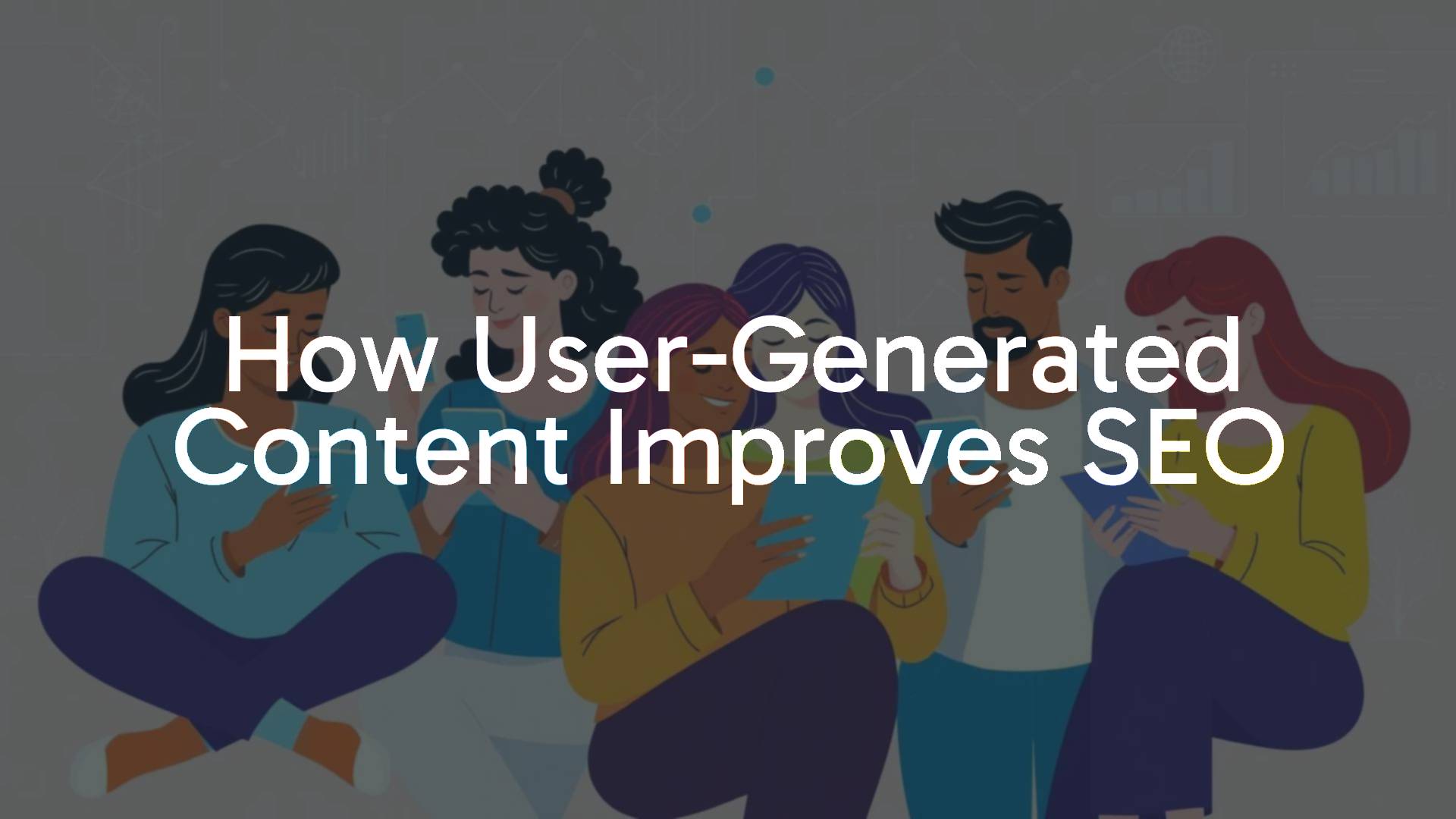 A digital illustration of diverse people posting content on social media, with SEO keywords and graphs in the background, modern and vibrant style.