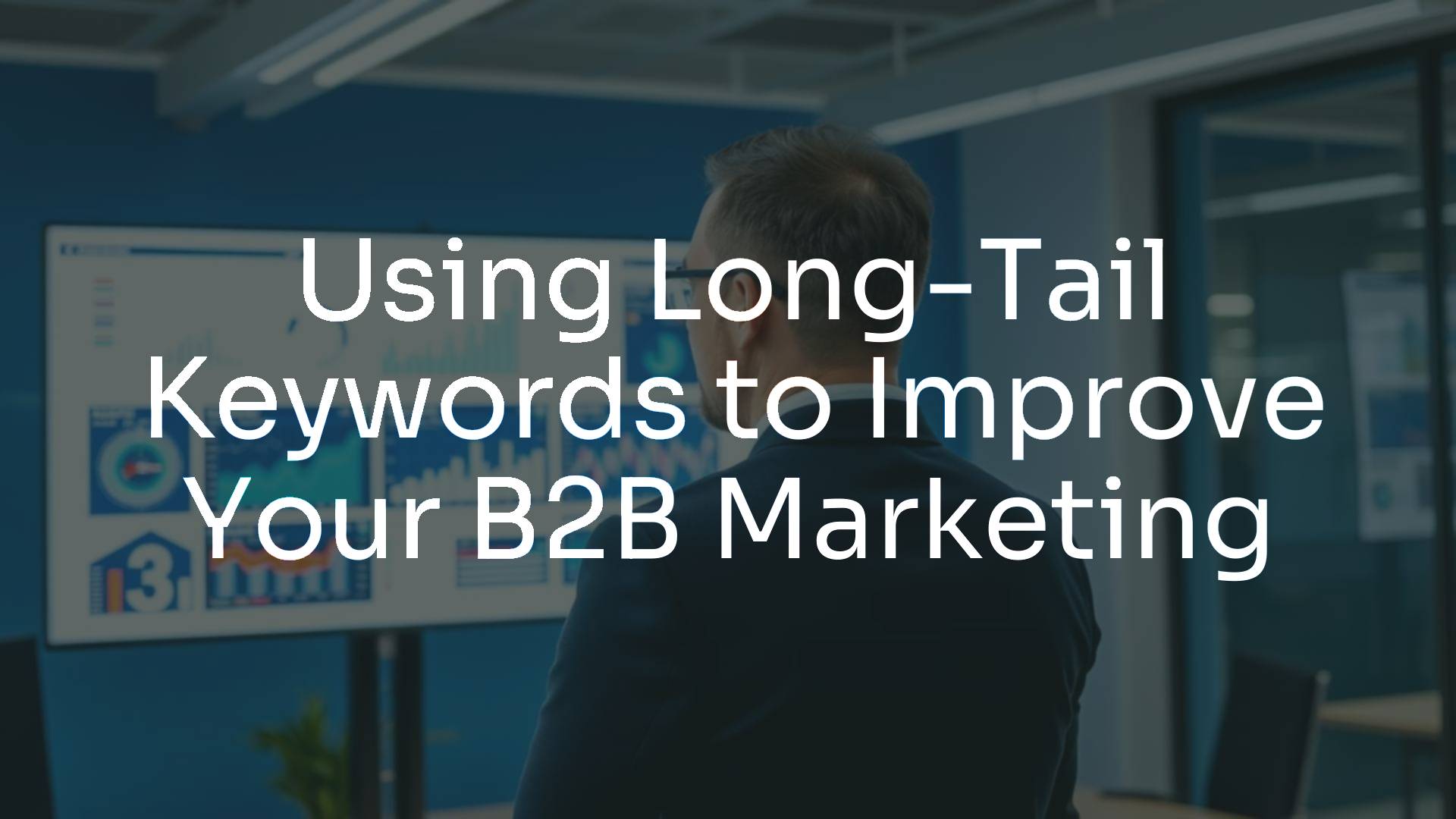 Business professional analyzing long-tail keyword data on a digital dashboard, modern office setting, futuristic blue and white tones, realistic style.