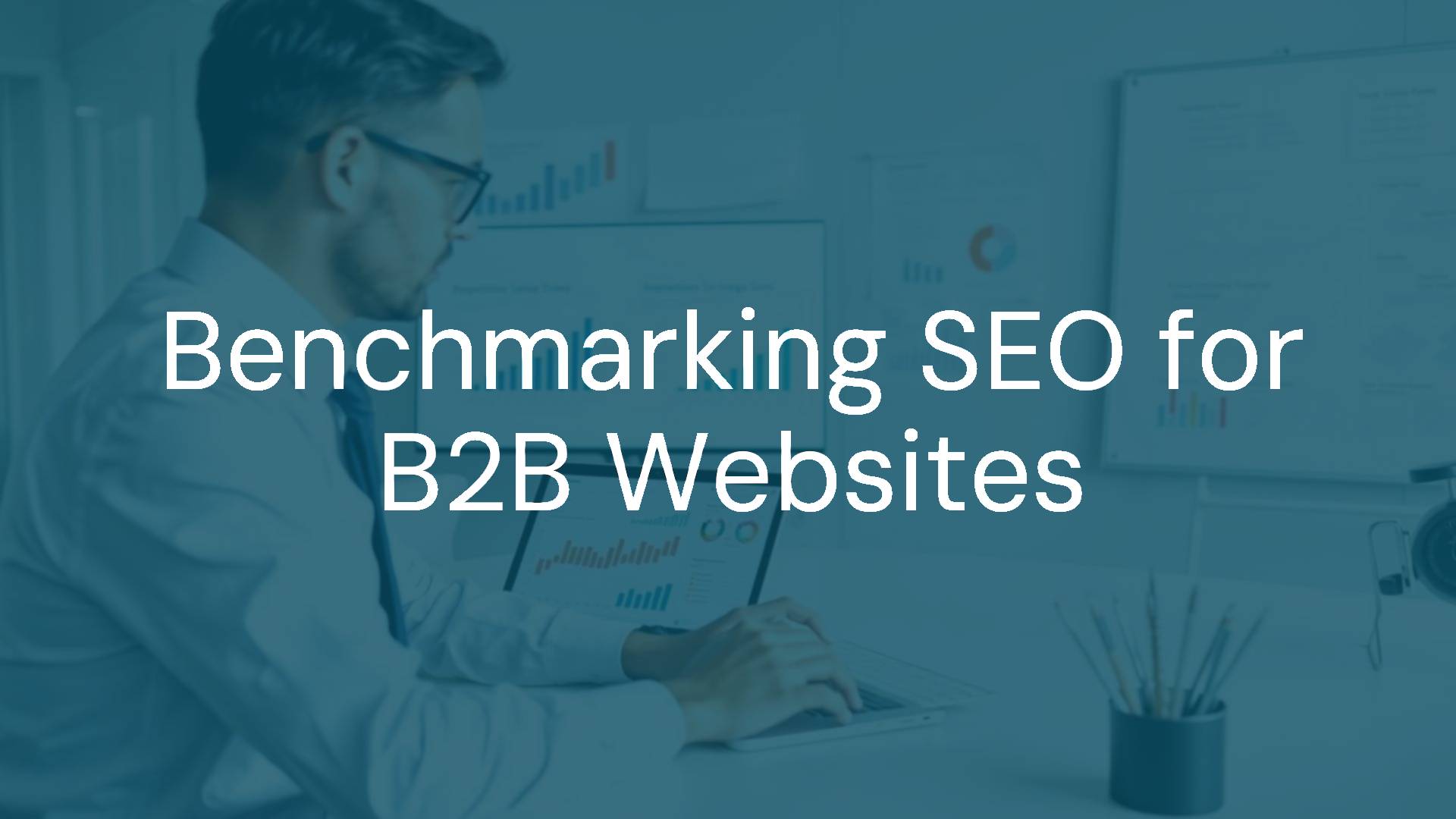 A modern office workspace with a laptop displaying SEO analytics charts, a businessman analyzing data, surrounded by graphs and a whiteboard with marketing strategies, professional and clean style.
