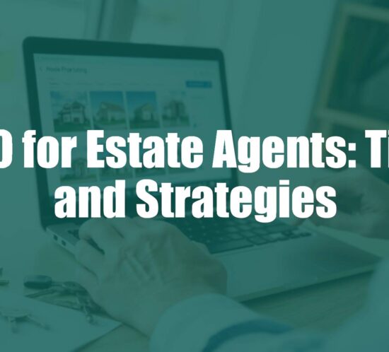 Estate agent using laptop to analyze property listings, surrounded by house keys and a 'For Sale' sign, professional atmosphere, realistic.