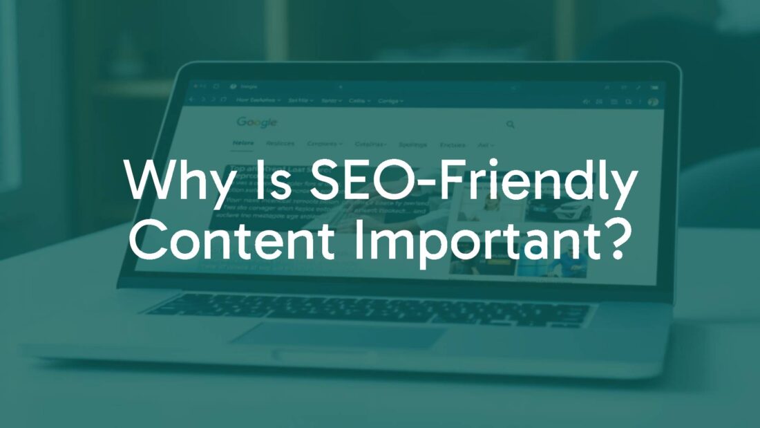 A modern laptop displaying a search engine results page with SEO-friendly content highlighted, digital marketing theme, vibrant and clean.