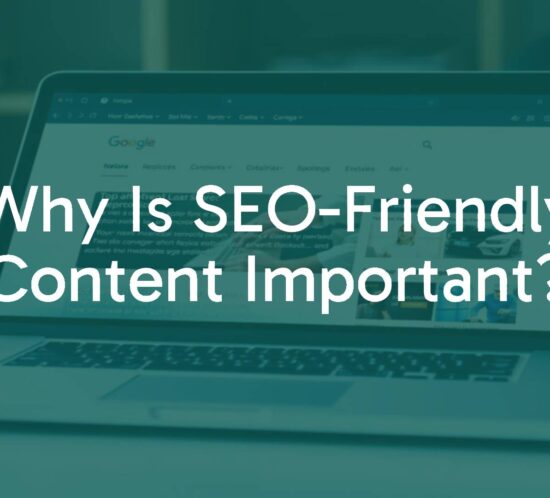 A modern laptop displaying a search engine results page with SEO-friendly content highlighted, digital marketing theme, vibrant and clean.