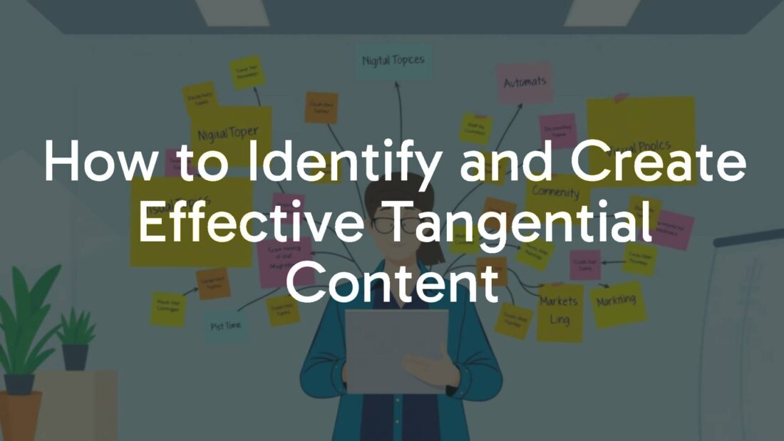 A digital marketer brainstorming tangential content ideas, surrounded by interconnected web of topics, colorful sticky notes, modern office, illustrative style.