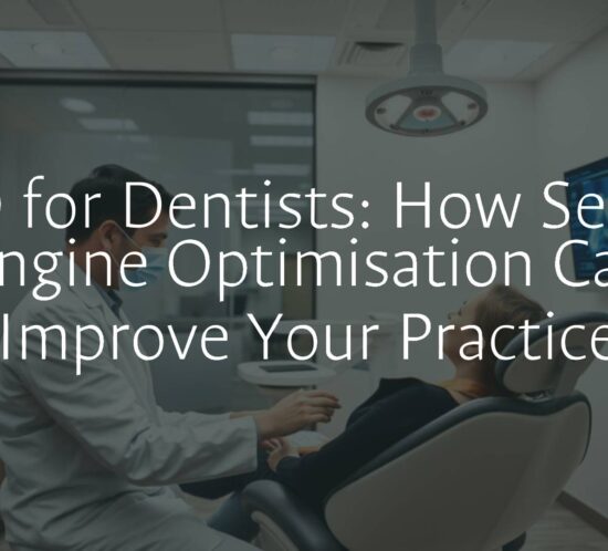 A modern dental office with a computer showing SEO analytics, dentist smiling at patient, clean and professional environment, digital marketing theme.