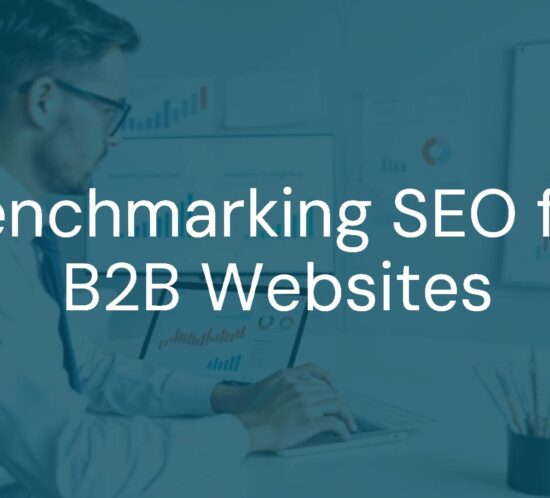 A modern office workspace with a laptop displaying SEO analytics charts, a businessman analyzing data, surrounded by graphs and a whiteboard with marketing strategies, professional and clean style.