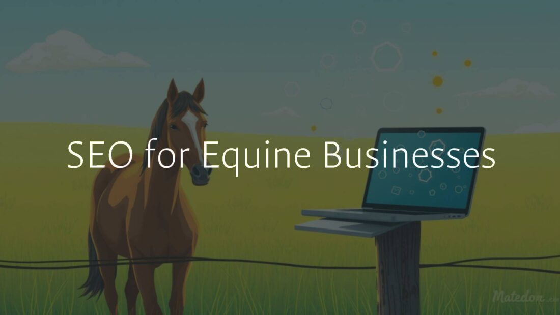 A horse standing in a sunny field with a laptop on a fence post, SEO keywords floating in the air, digital marketing theme, illustrative style.