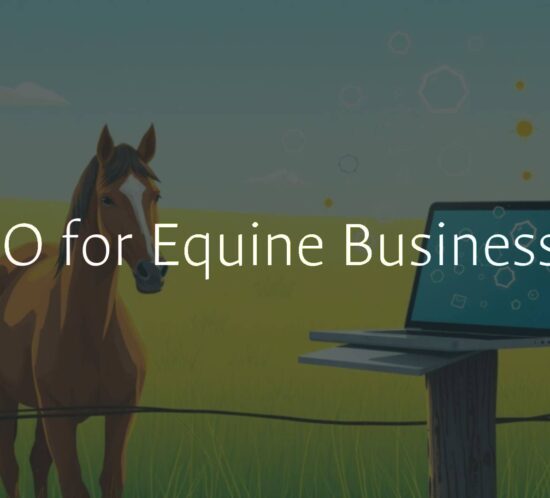 A horse standing in a sunny field with a laptop on a fence post, SEO keywords floating in the air, digital marketing theme, illustrative style.