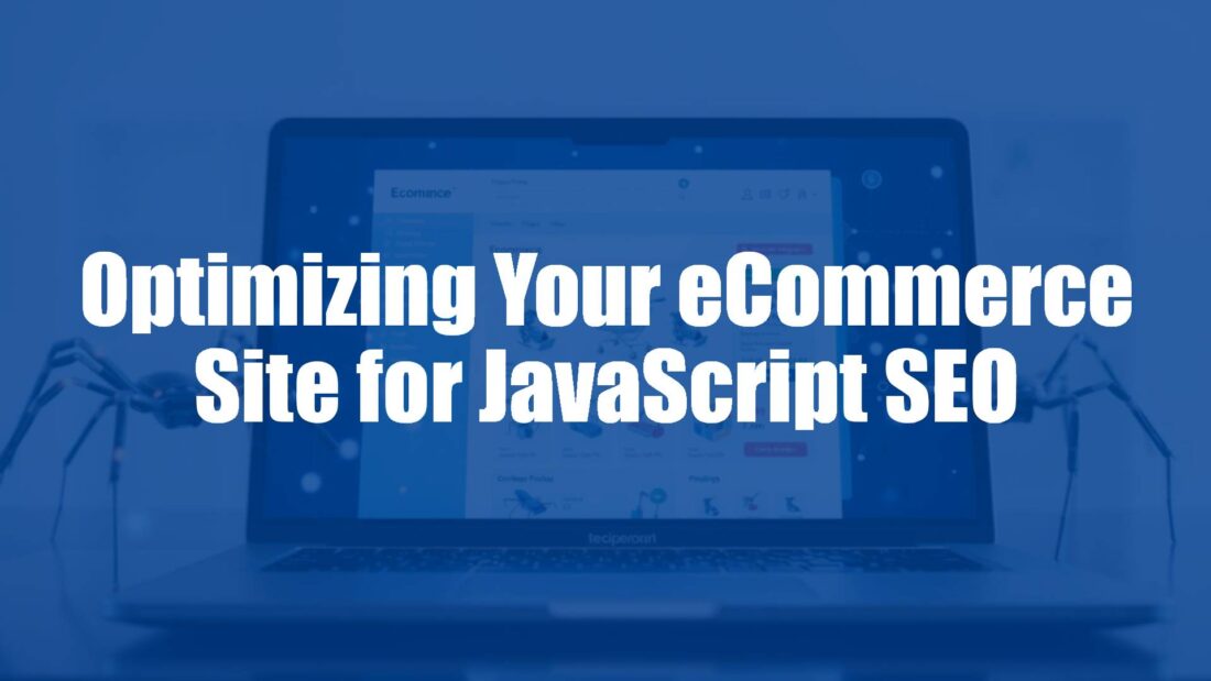 A modern laptop displaying an eCommerce website with visible JavaScript code overlay, search engine bots crawling the page, professional and tech-savvy vibe.