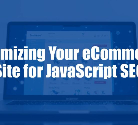 A modern laptop displaying an eCommerce website with visible JavaScript code overlay, search engine bots crawling the page, professional and tech-savvy vibe.