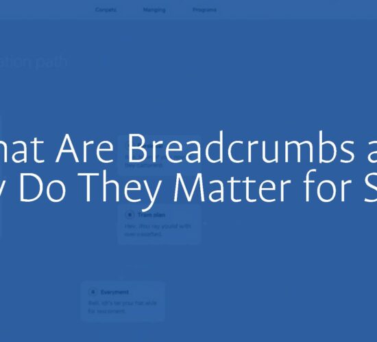 Digital breadcrumb trail on a website, minimalist UI design, clean and modern, focused on navigation and SEO.