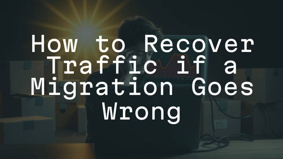 A stressed person at a computer screen showing a website traffic graph plummeting, surrounded by moving boxes and cables representing migration, with a hopeful light in the background, digital art style.