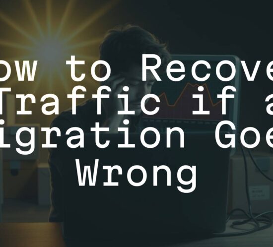 A stressed person at a computer screen showing a website traffic graph plummeting, surrounded by moving boxes and cables representing migration, with a hopeful light in the background, digital art style.