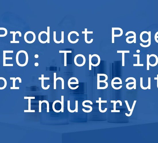 A sleek beauty product display with SEO keywords floating in the background, modern e-commerce setting, soft lighting, professional photography style.